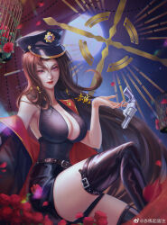 Rule 34 | 1girl, absurdres, artist request, belt, birdcage, black thighhighs, brown hair, cage, chi lian (qin shi ming yue), closed mouth, costume, curtains, gun, handgun, hat, highres, leg up, long hair, looking at viewer, moon, night, police, police hat, purple eyes, qinshi mingyue, second-party source, sitting, smile, solo, thighhighs, upper body, weapon