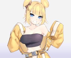 Rule 34 | belt, black tube top, blonde hair, blue eyes, bow, breasts, clenched teeth, double bun, goat king, gradient background, hair bow, hair bun, hair ornament, hairclip, hololive, hololive english, jumpsuit, large breasts, mole, mole on breast, sleeves past fingers, sleeves past wrists, smile, strapless, teeth, tube top, upper body, virtual youtuber, watson amelia, watson amelia (astronaut), white background, yellow jumpsuit
