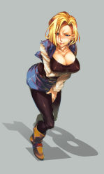 Rule 34 | 1girl, android 18, blonde hair, blue eyes, blush, boots, breasts, cleavage, collarbone, dragon ball, full body, grey background, highres, jacket, juvecross, large breasts, leaning forward, leggings, long sleeves, looking to the side, open clothes, open jacket, pantyhose, pink lips, simple background, skirt, solo, sweatdrop, tank top, torn clothes, torn sleeves