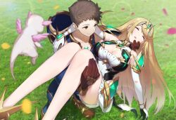 Rule 34 | 1boy, 1girl, azurda (xenoblade), black gloves, blonde hair, breasts, brown eyes, brown hair, carrying, chest jewel, circlet, cleavage, closed eyes, detached sleeves, fainted, from above, gloves, grass, green322, helmet, large breasts, long hair, looking at another, mythra (xenoblade), parted lips, princess carry, rex (xenoblade), short hair, very long hair, white gloves, xenoblade chronicles (series), xenoblade chronicles 2