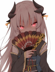 Rule 34 | 1girl, black kimono, commentary request, covering privates, covering breasts, dark-skinned female, dark skin, dragon horns, fate/grand order, fate (series), folding fan, glowing, glowing eyes, hand fan, holding, holding fan, horns, japanese clothes, kamu (geeenius), kimono, kiyohime (fate), kiyohime (third ascension) (fate), long hair, long sleeves, obi, red eyes, sash, silver hair, simple background, solo, tassel, tsurime, upper body, white background, wide sleeves