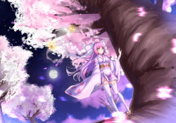 Rule 34 | absurdres, bell, bow, cherry blossoms, clog sandals, flower, highres, japanese clothes, long hair, moon, moro (pixiv6272977), night, night sky, original, personification, pink hair, ribbon, sky, tree, white legwear, yellow eyes