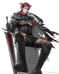 Rule 34 | 1boy, anjingkuxiao, arknights, demon horns, gloves, hoederer (arknights), holding, horns, jacket, long hair, looking at viewer, red eyes, red hair, shirt, weapon