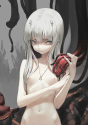 Rule 34 | 1girl, breasts, closed mouth, collarbone, grey background, grey eyes, hair ornament, highres, jewelry, long hair, looking at viewer, monster, navel, necklace, nipples, nude, original, petite, silver hair, small breasts, solo, stomach, tdc24, tentacles, upper body
