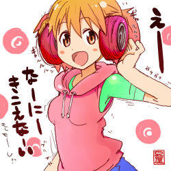 Rule 34 | 1girl, ani (aniya), bad id, bad pixiv id, blush, blush stickers, character request, drawstring, headphones, hood, hoodie, matching hair/eyes, open mouth, orange eyes, orange hair, sleeveless, sleeveless hoodie, solo, text focus, translation request