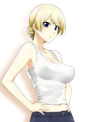Rule 34 | 10s, 1girl, blonde hair, blue eyes, braid, breasts, cleavage, collarbone, commentary request, covered erect nipples, darjeeling (girls und panzer), denim, eyebrows, girls und panzer, gradient background, hair up, hands on own hips, jeans, large breasts, looking at viewer, mattari yufi, midriff, navel, open mouth, pants, shadow, sketch, solo, tank top, upper body