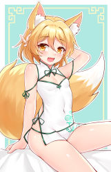 Rule 34 | 1girl, absurdres, adapted costume, animal ear fluff, animal ears, arm up, blonde hair, blush, breasts, china dress, chinese clothes, cleavage, cleavage cutout, clothing cutout, covered navel, dress, fang, fox ears, fox tail, hair between eyes, highres, kudamaki tsukasa, looking at viewer, open mouth, short dress, sitting, sleeveless, sleeveless dress, small breasts, smile, solo, tail, touhou, white dress, yangshangshu