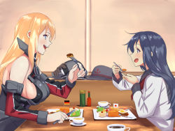 Rule 34 | 2girls, akatsuki (kancolle), anchor, anchor symbol, armor, bismarck (kancolle), blonde hair, blue eyes, blush, breastplate, breasts, brown gloves, coffee, commentary request, cup, detached sleeves, eating, facing another, flat cap, food, fork, from side, german flag, gloves, unworn gloves, hat, unworn hat, unworn headwear, holding, holding fork, holding spoon, japanese flag, kantai collection, large breasts, long hair, machinery, messy hair, military, military hat, military uniform, mini flag, multiple girls, neckerchief, okosama lunch, open mouth, peaked cap, purple eyes, purple hair, red neckerchief, sailor collar, school uniform, serafuku, shingyou (alexander-13), sideboob, sitting, spoon, uniform