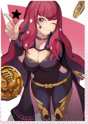 Rule 34 | 1girl, ;), arm behind back, belt, black cape, bodysuit, breasts, cape, chest strap, choker, cleavage, clothing cutout, coin, eyelashes, facial mark, fire emblem, fire emblem engage, gold belt, gold coin, hair ornament, hand up, high collar, inkocto, large breasts, legs apart, long hair, looking to the side, nintendo, no nose, one eye closed, pink hair, purple bodysuit, purple choker, red eyes, side cutout, smile, solo, split mouth, standing, star (symbol), star facial mark, star hair ornament, yunaka (fire emblem)