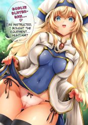 Rule 34 | 10s, 1girl, :d, absurdres, blonde hair, blue eyes, breasts, cameltoe, clothes lift, covered navel, cowboy shot, dress, goblin slayer!, hard-translated, hat, heart, highres, huge filesize, long sleeves, looking at viewer, medium breasts, naughty face, open mouth, panties, priestess (goblin slayer!), side-tie panties, skirt, skirt lift, smile, speech bubble, sweatdrop, tabbyrecords, text focus, thighhighs, third-party edit, translated, underwear