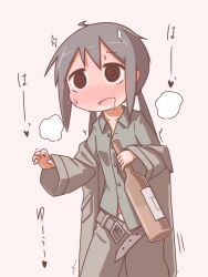 Rule 34 | 1girl, @ @, alcohol, beer, belt, black eyes, black hair, blush, bottle, chito (shoujo shuumatsu ryokou), coat, coat partially removed, collared shirt, commentary request, cowboy shot, dress shirt, drooling, drunk, grey coat, grey pants, heavy breathing, highres, holding, holding bottle, long sleeves, looking ahead, loose clothes, low twintails, mouth drool, nose blush, open belt, open mouth, pants, player193, popped collar, shirt, shoujo shuumatsu ryokou, simple background, smile, solo, sweat, translation request, twintails