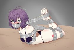 Rule 34 | 1girl, ass, autotape, bdsm, bernadetta von varley, blue bra, blue panties, bondage, bound, bra, breasts, duct tape, fire emblem, fire emblem: three houses, gag, gagged, highres, huge ass, improvised gag, intelligent systems, medium breasts, mouth hold, mouth stuffed, nintendo, panties, panties in mouth, sex toy, solo, tagme, tape, tape gag, taped hands, thong, underwear