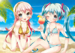 Rule 34 | 2girls, :d, all fours, aqua hair, beach, bikini, blue eyes, blush, child, cup, day, drink, drinking glass, hatsune miku, headset, highres, long hair, megurine luka, multiple girls, ocean, one eye closed, open mouth, outdoors, red hair, sitting, sky, smile, striped bikini, striped clothes, swimsuit, tottsuan, twintails, very long hair, vocaloid, wine glass, wink