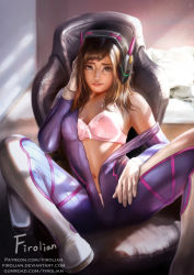 Rule 34 | 1girl, animal print, artist name, blue bodysuit, bodysuit, boots, bow, bow bra, bra, bracer, breasts, brown eyes, brown hair, chair, couch, d.va (overwatch), facepaint, facial mark, firolian, gloves, hand on headphones, headphones, high collar, highres, indoors, light rays, light smile, lips, long hair, looking at viewer, matching hair/eyes, navel, nose, off shoulder, office chair, overwatch, overwatch 1, panties, parted lips, pilot suit, pink bra, pink panties, rabbit print, realistic, ribbed bodysuit, shoulder pads, signature, sitting, skin tight, small breasts, solo, spread legs, swept bangs, swivel chair, underwear, unzipped, watermark, wavy hair, web address, whisker markings, white footwear, white gloves