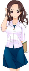 Rule 34 | 1girl, blouse, blue skirt, brown eyes, brown hair, face, forehead, hand in own hair, highres, kawada tomoko, kimi kiss, looking at viewer, notebook, pencil, shirt, simple background, skirt, smile, solo, white background, white shirt, yamaguchi homupe