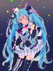 Rule 34 | 1girl, ;), absurdres, argyle, argyle clothes, argyle legwear, armpits, asymmetrical legwear, black thighhighs, blue hair, blush, bow, bowtie, breasts, bubble skirt, confetti, dark background, diamond (shape), facepaint, feet out of frame, frilled neckwear, frills, gloves, gradient background, hair between eyes, hand on own hip, hat, hatsune miku, highres, holding, holding staff, light particles, long hair, magical mirai (vocaloid), magical mirai miku, magical mirai miku (2019), mini hat, mini top hat, mismatched legwear, one eye closed, pink bow, pink bowtie, polka dot, shiny skin, sidelocks, simple background, skirt, sleeveless, small breasts, smile, solo, staff, standing, striped clothes, striped thighhighs, thighhighs, top hat, twintails, vertical-striped clothes, vertical-striped thighhighs, very long hair, vocaloid, white gloves, white hat, white skirt, yamori shiki, zettai ryouiki
