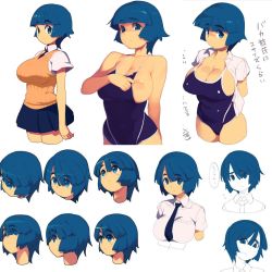 Rule 34 | 1girl, blue eyes, blue hair, breasts, character sheet, cleavage, female focus, highres, inverted nipples, large breasts, metata, necktie, nipples, one-piece swimsuit, original, short hair, simple background, skirt, smile, solo, swimsuit, white background