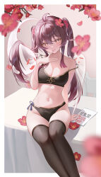 Rule 34 | 1girl, :3, absurdres, ahoge, alternate costume, arm behind back, arm support, bare shoulders, bikini, black bikini, black thighhighs, blurry, blurry foreground, boo tao (genshin impact), border, breasts, brown hair, cleavage, closed mouth, colored tips, feet out of frame, finger to mouth, flower, flower-shaped pupils, genshin impact, gold trim, gradient hair, groin, hair between eyes, hair flower, hair ornament, hand up, highres, hu tao (genshin impact), legs together, long hair, looking at viewer, medium breasts, multicolored hair, navel, outside border, paper, petals, plum blossoms, red eyes, red flower, sidelocks, sitting, smile, solo, stomach, strap slip, swimsuit, symbol-shaped pupils, tassel, thighhighs, ttkaki, twintails, white border