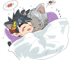 Rule 34 | 2boys, ancient greek clothes, animal ears, black hair, blanket, boned meat, cat ears, chibi, closed eyes, dark-skinned male, dark skin, dreaming, drooling, extra ears, food, greco-roman clothes, hades (series), hades 1, heart, ing0123, kemonomimi mode, laurel crown, lying, male focus, meat, multiple boys, pillow, silver hair, sleeping, thanatos (hades), thought bubble, under covers, zagreus (hades), zzz