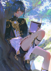 Rule 34 | 1boy, 4the2ofus, absurdres, blue hair, blush, book, boots, earrings, frilled sleeves, frills, genshin impact, highres, holding, holding book, in tree, jewelry, long sleeves, looking at viewer, male focus, orange eyes, parted lips, shorts, signature, single earring, sitting, sitting in tree, solo, tassel, tassel earrings, tree, xingqiu (genshin impact)