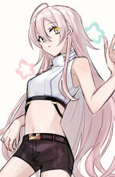 Rule 34 | 1girl, absurdres, ahoge, aoki shizumi, bare arms, black shorts, commentary, crop top, d4dj, grey eyes, hand up, heterochromia, highres, ichihoshi lumina, long hair, looking at viewer, midriff, parted lips, pink hair, shirt, short shorts, shorts, simple background, sleeveless, sleeveless shirt, solo, star (symbol), white background, white shirt, yellow eyes