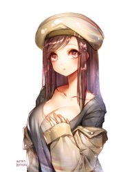 Rule 34 | 1girl, artist name, beret, bettols, black shirt, breasts, collarbone, comic, dated, eyebrows, eyelashes, hat, jacket, large breasts, long hair, long sleeves, looking at viewer, off shoulder, open clothes, open jacket, original, red eyes, shirt, signature, solo, swept bangs, upper body, white background