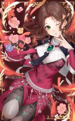 Rule 34 | 1girl, absurdres, breasts, brown hair, commission, commissioner upload, dorothea arnault, earrings, fire emblem, fire emblem: three houses, fire emblem cipher, flower, green eyes, haru (nakajou-28), hat, highres, jewelry, large breasts, long hair, long sleeves, looking at viewer, nintendo, official alternate costume, one eye closed, skeb commission, smile, solo, v