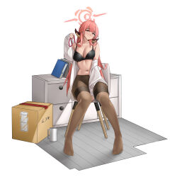 Rule 34 | 1girl, absurdres, aru (blue archive), bare shoulders, black bra, blue archive, box, bra, breasts, cardboard box, casperrin, chair, cleavage, commentary request, cup, hand up, highres, legs, long hair, looking at viewer, medium breasts, mug, navel, no shoes, off shoulder, pantyhose, pink hair, simple background, sitting, smile, solo, stomach, underwear, very long hair, white background