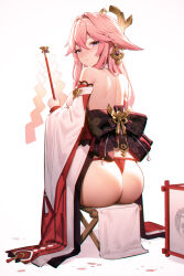 Rule 34 | 1girl, 95---, animal ears, ass, backless outfit, bare shoulders, blush, closed mouth, detached sleeves, floppy ears, fox ears, from behind, genshin impact, gohei, highres, holding, holding gohei, japanese clothes, long hair, looking at viewer, looking back, obi, panties, pink hair, purple eyes, red panties, sash, solo, stool, underwear, very long hair, wide sleeves, yae miko