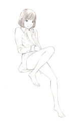 Rule 34 | 1girl, barefoot, dress shirt, monochrome, original, shirt, short hair, sketch, solo, traditional media, yoshitomi akihito