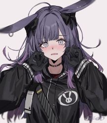 Rule 34 | 1girl, ahoge, animal ears, aogisa, arknights, black bow, black choker, black gloves, black jacket, blush, bow, choker, commission, ear piercing, ears down, gloves, grey eyes, hair bow, hands up, highres, jacket, long hair, long sleeves, looking at viewer, nose blush, open mouth, piercing, purple hair, rabbit ears, rope (arknights), simple background, skeb commission, solo, upper body, white background