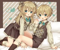 Rule 34 | 1boy, 1girl, :d, :o, bed, bed sheet, blonde hair, blue eyes, bow, brown background, checkered clothes, checkered vest, hair bow, half updo, heart, highres, holding hands, legwear garter, long sleeves, looking at viewer, multicolored background, open mouth, original, rii (pixiv11152329), short hair, shorts, siblings, skirt, smile, socks, striped, striped background, twins, twintails, vest, white background