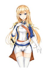 Rule 34 | 1girl, absurdres, anotoki ashi, blonde hair, blue eyes, braid, cameltoe, crown braid, epaulettes, france, french braid, gloves, hand on own chest, highres, long hair, looking at viewer, open mouth, richelieu (warship girls r), shorts, solo, swept bangs, sword, thigh gap, thighhighs, uniform, warship girls r, weapon, white gloves, white shorts, white thighhighs