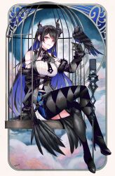 Rule 34 | 1girl, absurdres, asymmetrical horns, asymmetrical legwear, bird, bird on hand, birdcage, black bow, black bowtie, black hair, black pantyhose, black wings, blue hair, bow, bowtie, cage, clothing cutout, colored inner hair, crow, demon horns, feathered wings, fur trim, high heels, highres, hololive, hololive english, horn flower, horns, kivo, long hair, looking at viewer, low wings, microphone, mismatched legwear, mole, mole under eye, multicolored hair, nerissa ravencroft, nerissa ravencroft (1st costume), pantyhose, red eyes, ribbed shirt, shadow (nerissa ravencroft), shirt, shoulder cutout, slit pupils, solo, straight hair, two-tone hair, uneven horns, very long hair, virtual youtuber, white shirt, wings