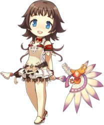 Rule 34 | 1girl, blue eyes, brown hair, chibi, choker, dress, hand fan, full body, long hair, magna carta, magna carta 2, no nose, shoes, skirt, smile, solo, staff, transparent background, white background, white dress, white skirt, zephie, zephie (magna carta)