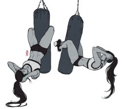 Rule 34 | abs, artist name, breasts, cleavage, commentary, earrings, exercising, final fantasy, final fantasy vii, greyscale, jen bartel, jewelry, leg lock, long hair, monochrome, multiple views, muscular, muscular female, ponytail, punching bag, signature, sit-up, sports bra, tifa lockhart, white background