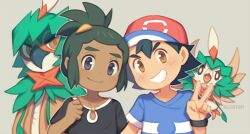 Rule 34 | 2boys, ash ketchum, black hair, black shirt, blue shirt, brown eyes, closed mouth, commentary request, cosplay, creatures (company), dark-skinned male, dark skin, decidueye, decidueye (cosplay), game freak, gen 7 pokemon, green hair, grey background, grin, hand up, hat, hau (pokemon), looking at viewer, male focus, multiple boys, nintendo, pokemon, pokemon (anime), pokemon sm (anime), red headwear, rowlet, shirt, short ponytail, short sleeves, smile, t-shirt, tearing up, teeth, upper body, v, wristband, wusagi2