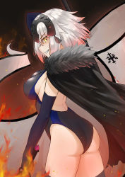 Rule 34 | 1girl, absurdres, arched back, ass, backlighting, banner, black cape, black thighhighs, breasts, cape, competition swimsuit, fate/grand order, fate (series), fire, from side, fur trim, grin, headpiece, highres, holding, holding sword, holding weapon, jeanne d&#039;arc (fate), jeanne d&#039;arc alter (avenger) (fate), jeanne d&#039;arc alter (fate), large breasts, looking at viewer, looking back, m kong, one-piece swimsuit, short hair, sideboob, silver hair, smile, solo, swimsuit, sword, thighhighs, thighs, weapon, yellow eyes