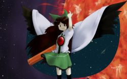 Rule 34 | 1girl, :d, arm up, bird wings, black socks, black wings, bow, brown eyes, brown hair, cape, collared shirt, control rod, feathered wings, green bow, green skirt, hair bow, kani onigiri (shottare), kneehighs, legs apart, long hair, looking at viewer, miniskirt, official style, open mouth, parody, parted bangs, puffy short sleeves, puffy sleeves, reiuji utsuho, shirt, short sleeves, skirt, smile, socks, solo, space, star (sky), style parody, sun, teeth, third eye, touhou, very long hair, white cape, white shirt, wings, zun (style)