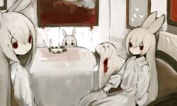 Rule 34 | 5girls, albino, blood, book, bug, butterfly, chair, closed eyes, death, dress, expressionless, flower wreath, highres, indoors, insect, long dress, long hair, looking at viewer, lying, multiple girls, original, painting (object), pale skin, rabbit ears, rabbit girl, red eyes, shirokujira, white dress, white hair