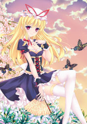 Rule 34 | 1girl, alternate costume, blonde hair, blush, breasts, bug, butterfly, cherry blossoms, cleavage, cloud, dress, folding fan, fred0092, hand fan, hat, highres, insect, long hair, looking at viewer, medium breasts, red eyes, ribbon, sitting, sky, smile, solo, thighhighs, touhou, white thighhighs, wrist cuffs, yakumo yukari