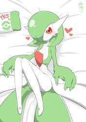 Rule 34 | 1girl, absurdres, artist name, bed sheet, blush, bob cut, closed mouth, collarbone, colored skin, creatures (company), english text, female focus, flat chest, from above, full body, game freak, gardevoir, gen 3 pokemon, green hair, green skin, hair over one eye, happy, heart, highres, kazamidoririnn, knees together feet apart, knees up, legs, lying, multicolored skin, nintendo, on back, one eye covered, poke ball symbol, pokemon, pokemon (creature), red eyes, short hair, signature, smile, solo, split mouth, two-tone skin, white background, white skin, yes-no pillow