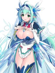 Rule 34 | 1girl, bad id, bad twitter id, between breasts, blue hair, blue thighhighs, brave sword x blaze soul, breasts, bridal gauntlets, cleavage, female focus, green eyes, green nails, highres, large breasts, long hair, looking at viewer, mel/a, nail polish, pointy ears, shiny clothes, shiny skin, simple background, solo, thighhighs, veil