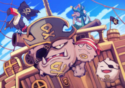 Rule 34 | bandana, barrel, cloud, commentary request, creatures (company), day, dhelmise, eyepatch, fangs, flag, game freak, gen 1 pokemon, gen 7 pokemon, hat, clothed pokemon, highres, koffing, levitate (pokemon), nintendo, no humans, open mouth, outdoors, pirate, pirate hat, pokemon, pokemon (creature), pokemon ability, ship, sky, smile, toucannon, watercraft, weezing, yottur