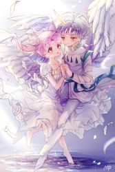 Rule 34 | 1boy, 1girl, bad id, bad pixiv id, barefoot, bishoujo senshi sailor moon, bishounen, blush, bow, chibi usa, cone hair bun, couple, double bun, dress, eyelashes, feathered wings, forehead jewel, full body, hair bun, helios (sailor moon), hetero, highres, holding hands, horns, looking at another, mp (h mirus), pants, pink hair, red eyes, see-through, shirt, shoes, short hair, signature, silver hair, single horn, small lady serenity, twintails, white bow, white dress, white footwear, white pants, white shirt, white wings, wings, yellow eyes