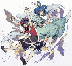 Rule 34 | 2girls, :d, aqua dress, arms up, belt, black skirt, blue eyes, blue hair, breasts, closed mouth, commentary request, dress, flat chest, flower, full body, hagoromo, hair ornament, hair rings, hair stick, hand on another&#039;s head, hat ornament, holding shawl, jiangshi, kaku seiga, looking at another, medium breasts, miyako yoshika, multiple girls, ofuda, open clothes, open mouth, open vest, outstretched arms, pink flower, pointy ears, puffy short sleeves, puffy sleeves, purple eyes, purple hair, red shirt, shawl, shirt, short hair, short sleeves, simple background, skirt, smile, star (symbol), star hat ornament, syuri22, touhou, vest, white background, white vest, zombie pose