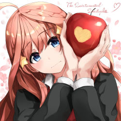 Rule 34 | 1girl, absurdres, ahoge, apple, black jacket, blue eyes, blush, closed mouth, commentary request, fingernails, food, fruit, fuu (fuore), go-toubun no hanayome, hair ornament, hands up, head tilt, heart, highres, holding, jacket, long hair, looking at viewer, nakano itsuki, pink hair, red apple, red neckwear, school uniform, solo, star (symbol), star hair ornament, upper body