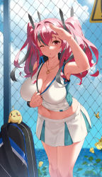 Rule 34 | 1girl, azur lane, bare shoulders, bird, blurry, blurry background, blush, breasts, bremerton (azur lane), bremerton (scorching-hot training) (azur lane), bug, butterfly, chain-link fence, chick, cleavage, collarbone, crop top, crop top overhang, fence, hand up, heart, heart necklace, highres, insect, jewelry, large breasts, long hair, looking at viewer, manjuu (azur lane), navel, necklace, ocean, one eye closed, open mouth, pink eyes, pink hair, solo, sportswear, sweat, tennis uniform, thighs, twintails, two-tone shirt, two-tone skirt, yijian ma