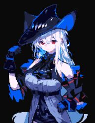 Rule 34 | 1girl, arknights, bare shoulders, black background, black gloves, black hat, black skirt, breasts, buttons, detached sleeves, expressionless, gloves, hair between eyes, hand on own hip, hat, long hair, looking at viewer, pixel art, potato815, red eyes, shirt, skadi (arknights), skirt, sleeveless, sleeveless shirt, solo, white hair