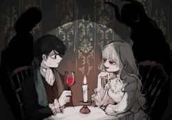 Rule 34 | 1boy, 1girl, alcohol, black hair, blunt bangs, candle, candlelight, chair, coat, cup, demon girl, different shadow, dress, drink, drinking glass, elbow rest, eye contact, frilled dress, frills, green eyes, half-closed eyes, head rest, highres, holding, holding drink, indoors, long hair, looking at another, nervous, open mouth, original, satou uzura, scarf, shadow, sitting, smile, sweat, table, wallpaper (object), wavy hair, white dress, white hair, wine, wine glass